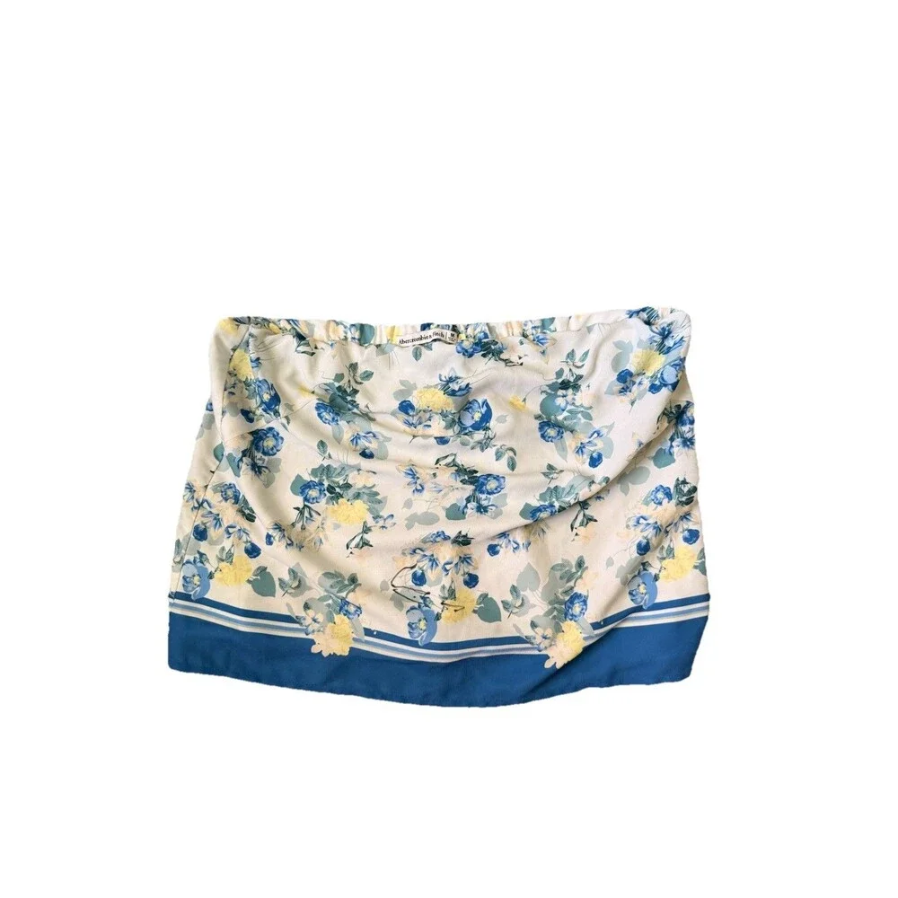Abercrombie Faux Silk Tube Top Medium Blue Yellow Floral Satin Strapless EUC - Picture 3 of 5